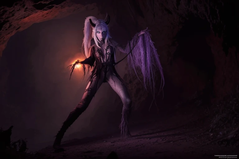 a creepy drow elf,yuna,spider like features,wandering through a deep dark cave,demon twisted,evil,dark fantasy,horror,gothic,cinematic lighting,dramatic shadows,glowing eyes,tattered clothing,intricate details,high resolution,masterpiece