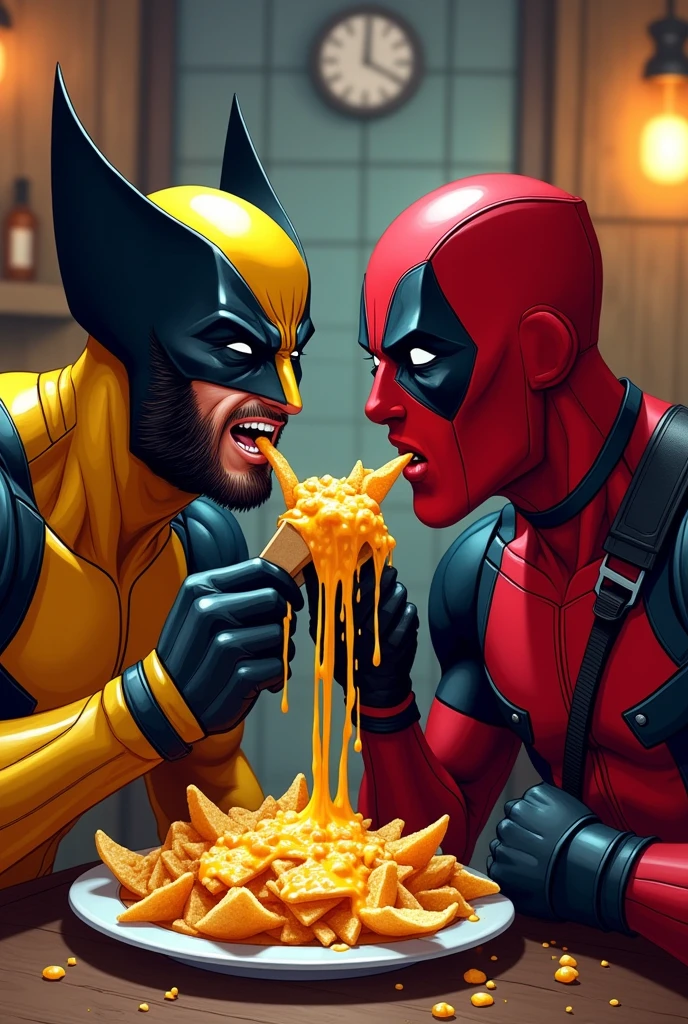 Wolverine and deadpool eating cheesy nachos