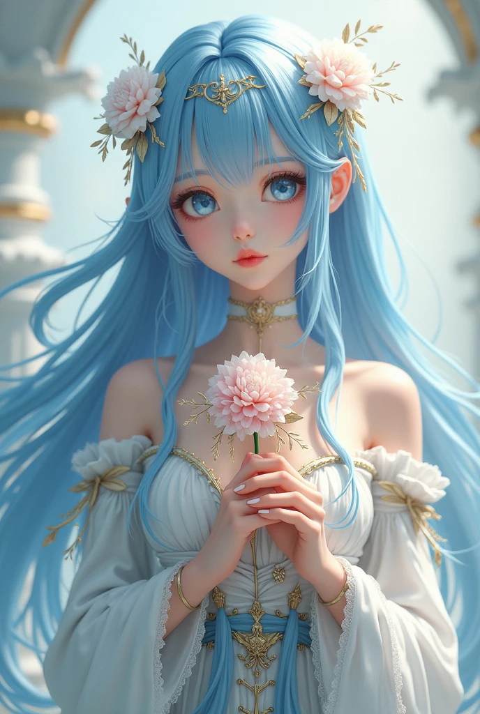 Create a portrait of an ethereal, fantasy character with long, flowing, light blue hair. Her hair is adorned with delicate white flowers and gold accents, including a subtle hairpiece. She has striking blue eyes that convey a sense of calm and wisdom. The character's attire is elegant and intricate, with a mix of white and light blue fabric featuring gold embroidery and embellishments. She holds a small bouquet of soft pink flowers close to her chest. The overall lighting should be soft and glow
