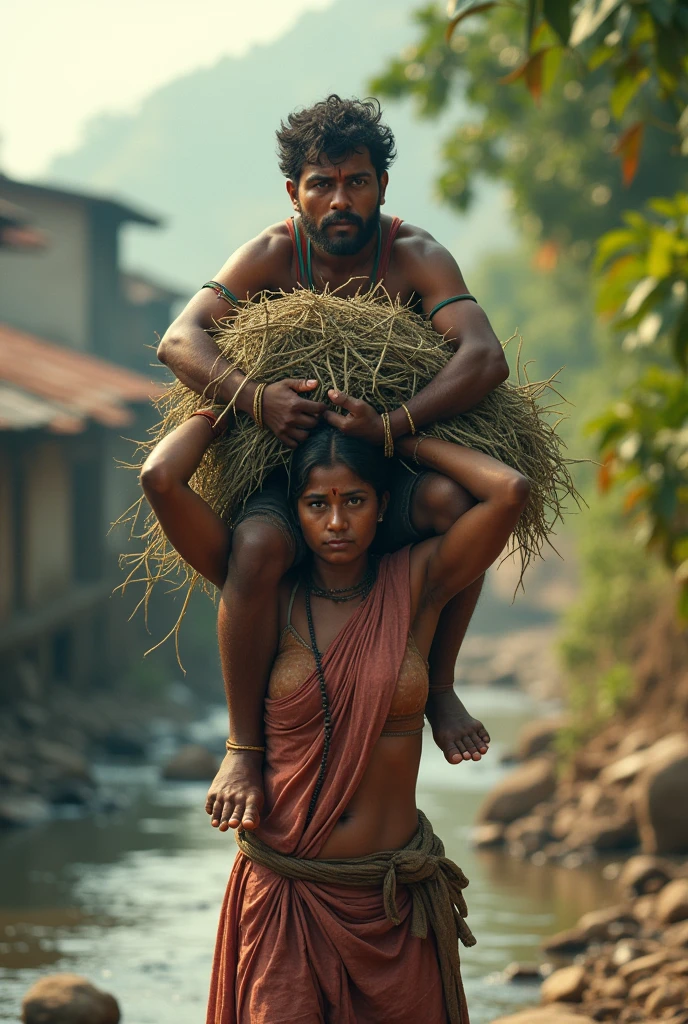 Beautiful Typical indian village ragpicker young woman carrying a large man on her head, man is sitting on her shoulders, nearby a river