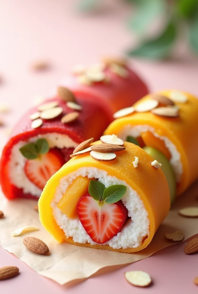 many crepe sushi, fillings are fruits (one each) like banana, strawberry, mango, apple. each crepe has different colors, with healthy toppings like sliced almond. inside also has flavored yogurt. NO RICE. JUST FRUITS AND YOGURT INSIDE. IN SUSHI FORM. YOGURT INSIDE AND FRUITS