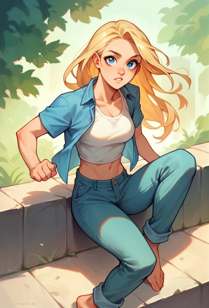 ((masterpiece, best quality)),(complex light),1girl, solo, portrait, jenny test, blonde hair,blue eyes, pants, running, midriff, open shirt, tank top, long hair, short sleeves shirt, looking at the viewer, sitting, barefoot