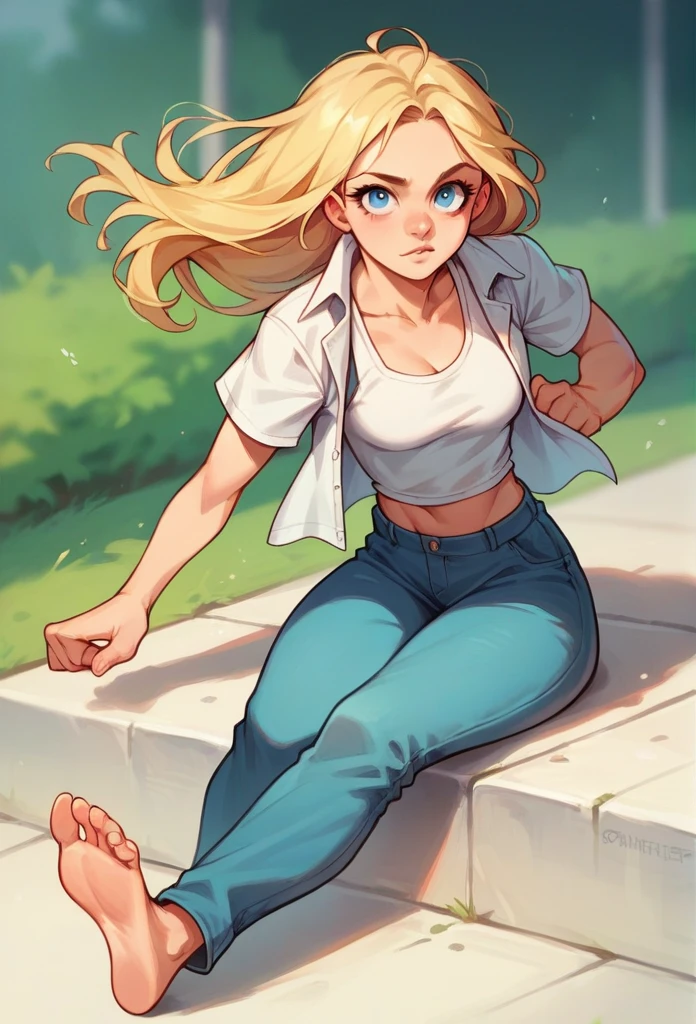 ((masterpiece, best quality)),(complex light),1girl, solo, portrait, jenny test, blonde hair,blue eyes, pants, running, midriff, open shirt, tank top, long hair, short sleeves shirt, looking at the viewer, sitting, barefoot