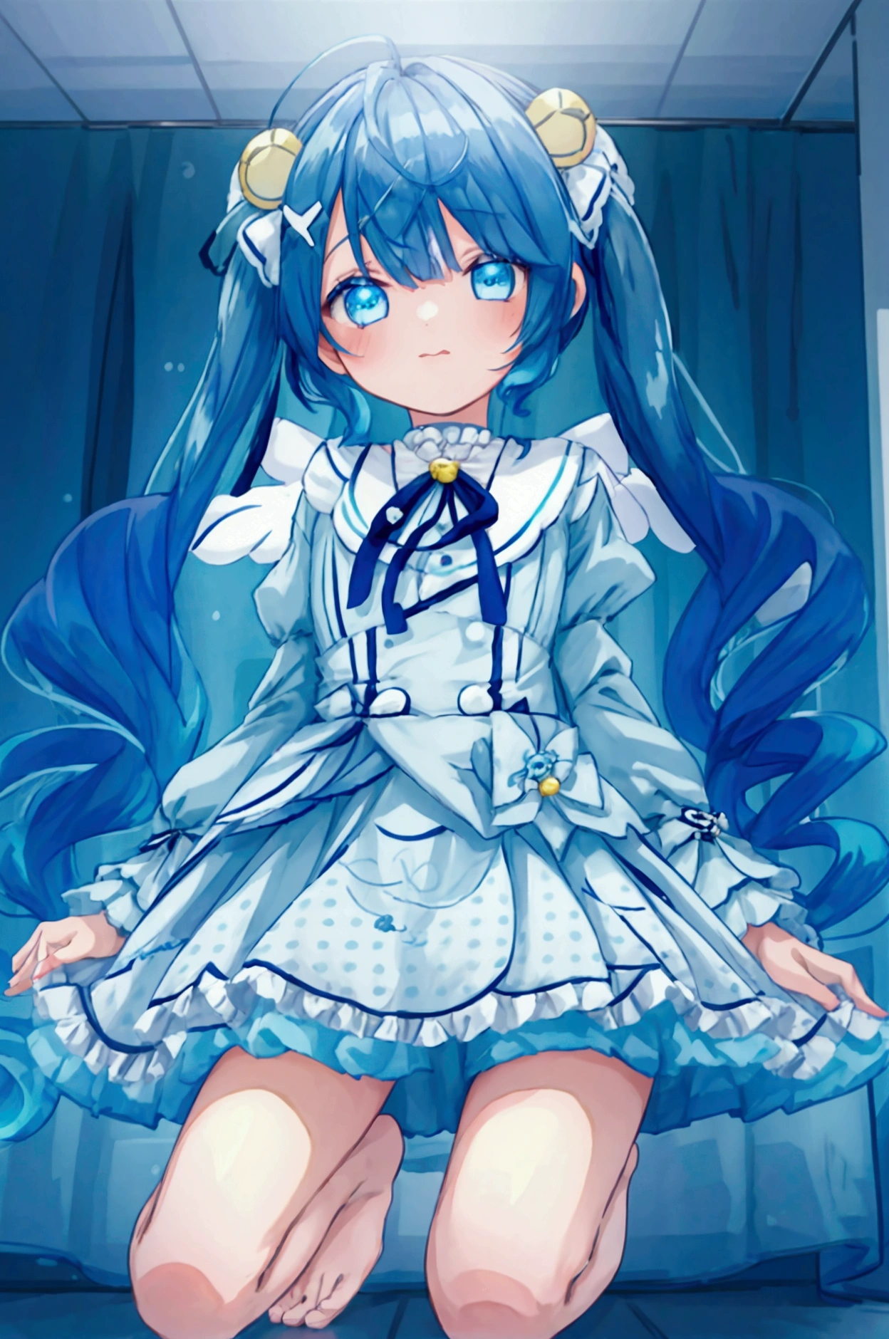 Girl、Amamiya Kokoro、Blue Hair、Twin tails、Light blue ruffled dress、skirt lift、Light blue polka dot panties、barefoot