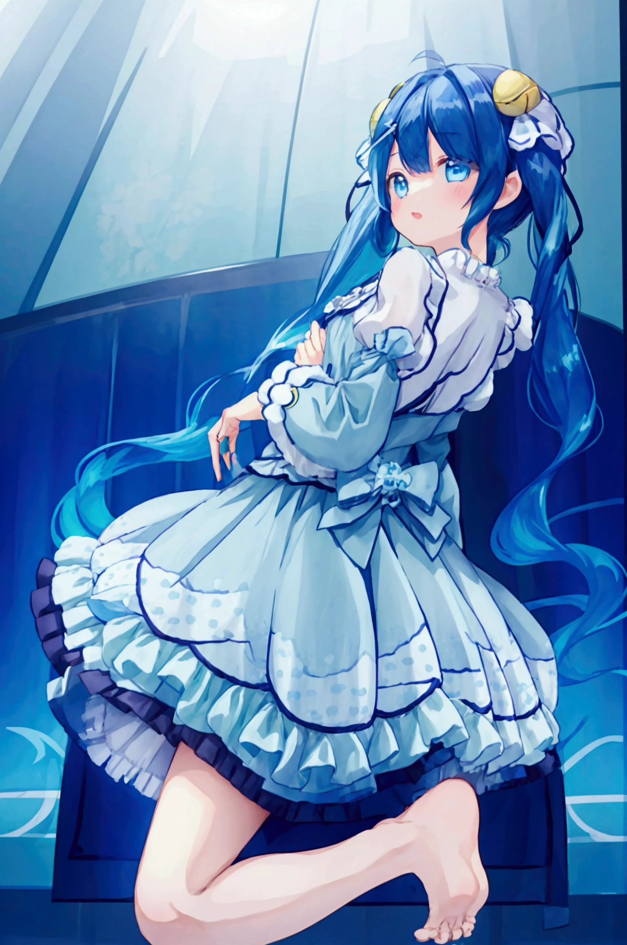 Girl、Amamiya Kokoro、Blue Hair、Twin tails、Light blue ruffled dress、skirt lift、Light blue polka dot panties、barefoot