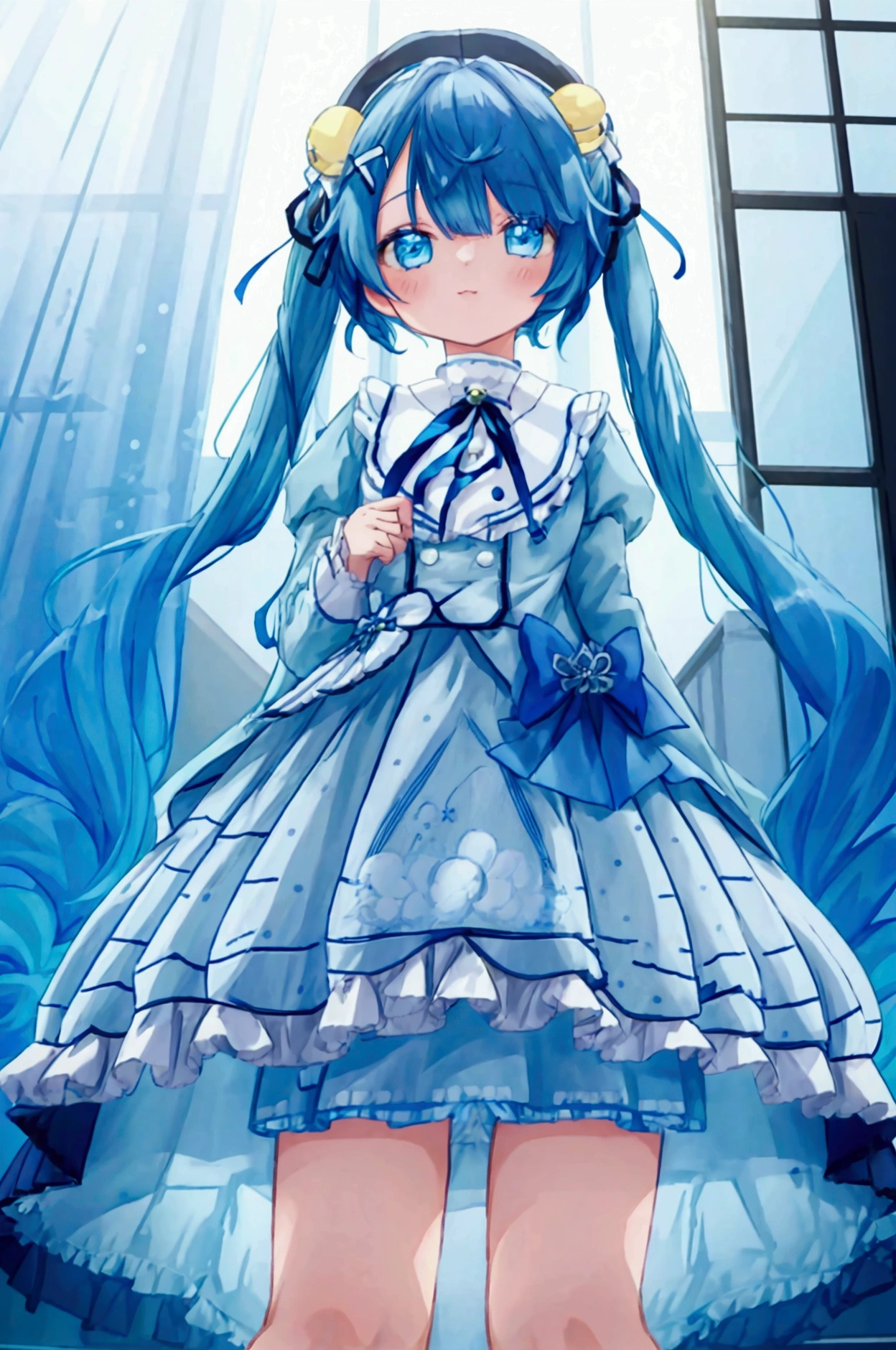 Girl、Amamiya Kokoro、Blue Hair、Twin tails、Light blue ruffled dress、skirt lift、Light blue polka dot panties、barefoot