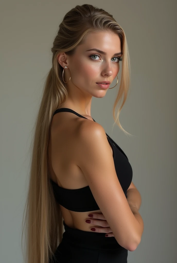 a very realistic and detailed photo of beautiful swedish woman, black skirt,cleavage, perfect makeup, long straight ponytail blonde detailed hair, high quality, photorealistic, 8k, luxury, elegant, sophisticated, confident, studio lighting, piercing eyes, full lips, olive skin,