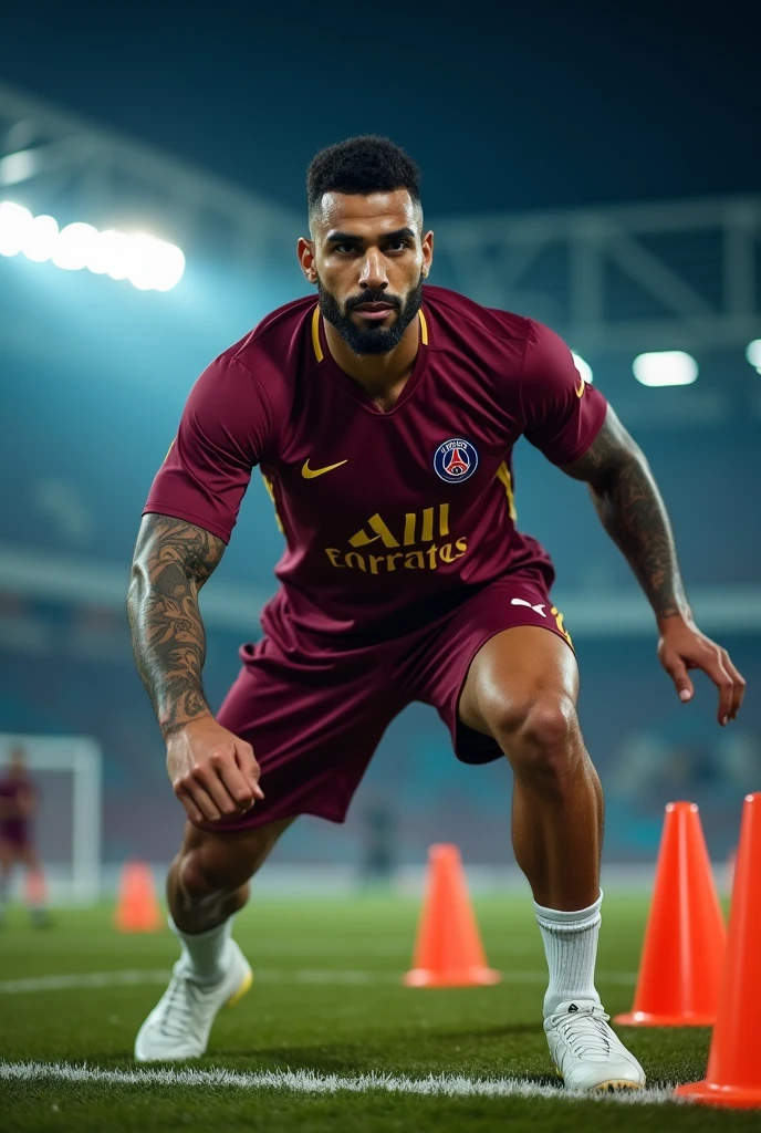 View full body Young Muslim man handsome sexy muscular white skin thick lips athletic body masculine energy and sexy defined chin trimmed beard braid with gradient on the sides colorful tattoo wearing a burgundy PSG training uniform with gold letters and symbols, burgundy shorts and white boots, at the training camp doing an agility course passing through cones. The training takes place at night and the stadium's floodlights illuminate the stage.. Lora style, Photoshoot, 8k
