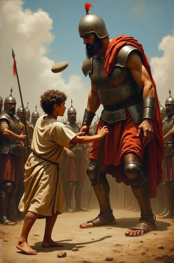 oil painting. David defeating the Giant Goliath. David throws the stone with the sling, Goliar is 3 meters tall, receives the stone on the head, falls backwards. Behind is the Philistine army.