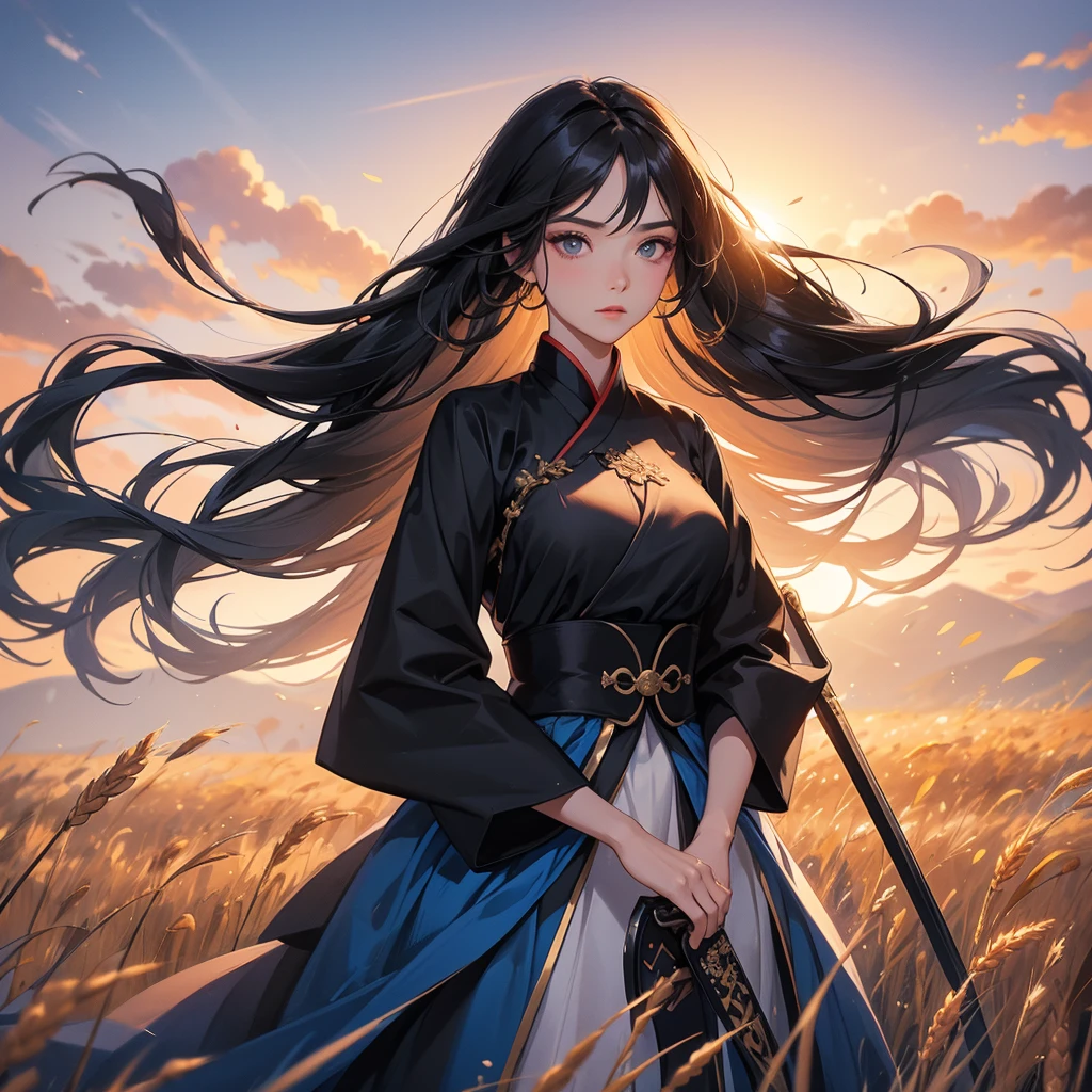 beautiful woman black-haired male general holding a large sword in black-blue hanfu dress, Standing in the middle of wheat field, sunset, close up.