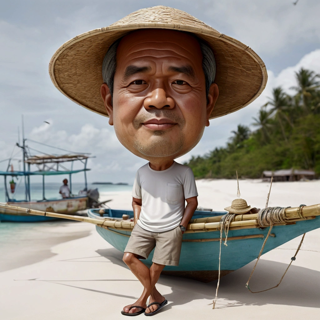 Realistic 4D caricature photo, big head, a middle-aged man with an Indonesian face, 50 years old,,clean face, round face,body is a bit chubby,wearing a farmer's hat made of woven bamboo,,wearing a white t-shirt, shorts, flip-flops, standing pose while leaning on a fishing boat, beautiful white sand beach background