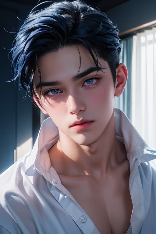 boy, High resolution, masterpiece, best quality, dark blue hair, Transparent white gauze , big blush, Shy moan, Gradient eye color, Eyes have light spots, sweat, A seductive expression,Sexy