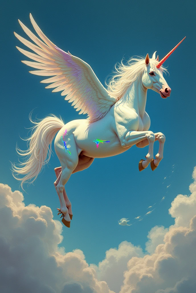 Chat, create a light blue pegasus with multicolored mane and a rainbow lightning design on its thigh flying in the sky, 1970s dark fantasy style: