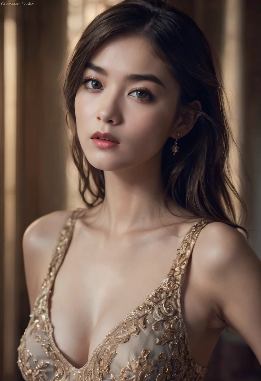 1girl, beautiful detailed eyes, beautiful detailed lips, extremely detailed face and portrait, extremely detailed dress, short pleated dress, swishing dress hem, tantalizing glimpses of panties, seductive, alluring, elegant, graceful, cinematic lighting, dramatic lighting, ornate, intricate, (best quality, 4k, 8k, highres, masterpiece:1.2), ultra-detailed, (realistic, photorealistic, photo-realistic:1.37), fashion photography, editorial style, dynamic pose, dramatic angle, soft focus, warm color palette, cinematic, chiaroscuro lighting