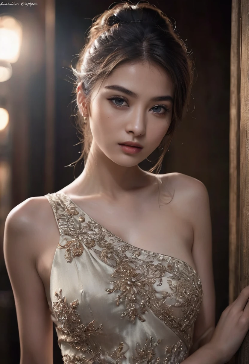 1girl, beautiful detailed eyes, beautiful detailed lips, extremely detailed face and portrait, extremely detailed dress, short pleated dress, swishing dress hem, tantalizing glimpses of panties, seductive, alluring, elegant, graceful, cinematic lighting, dramatic lighting, ornate, intricate, (best quality, 4k, 8k, highres, masterpiece:1.2), ultra-detailed, (realistic, photorealistic, photo-realistic:1.37), fashion photography, editorial style, dynamic pose, dramatic angle, soft focus, warm color palette, cinematic, chiaroscuro lighting