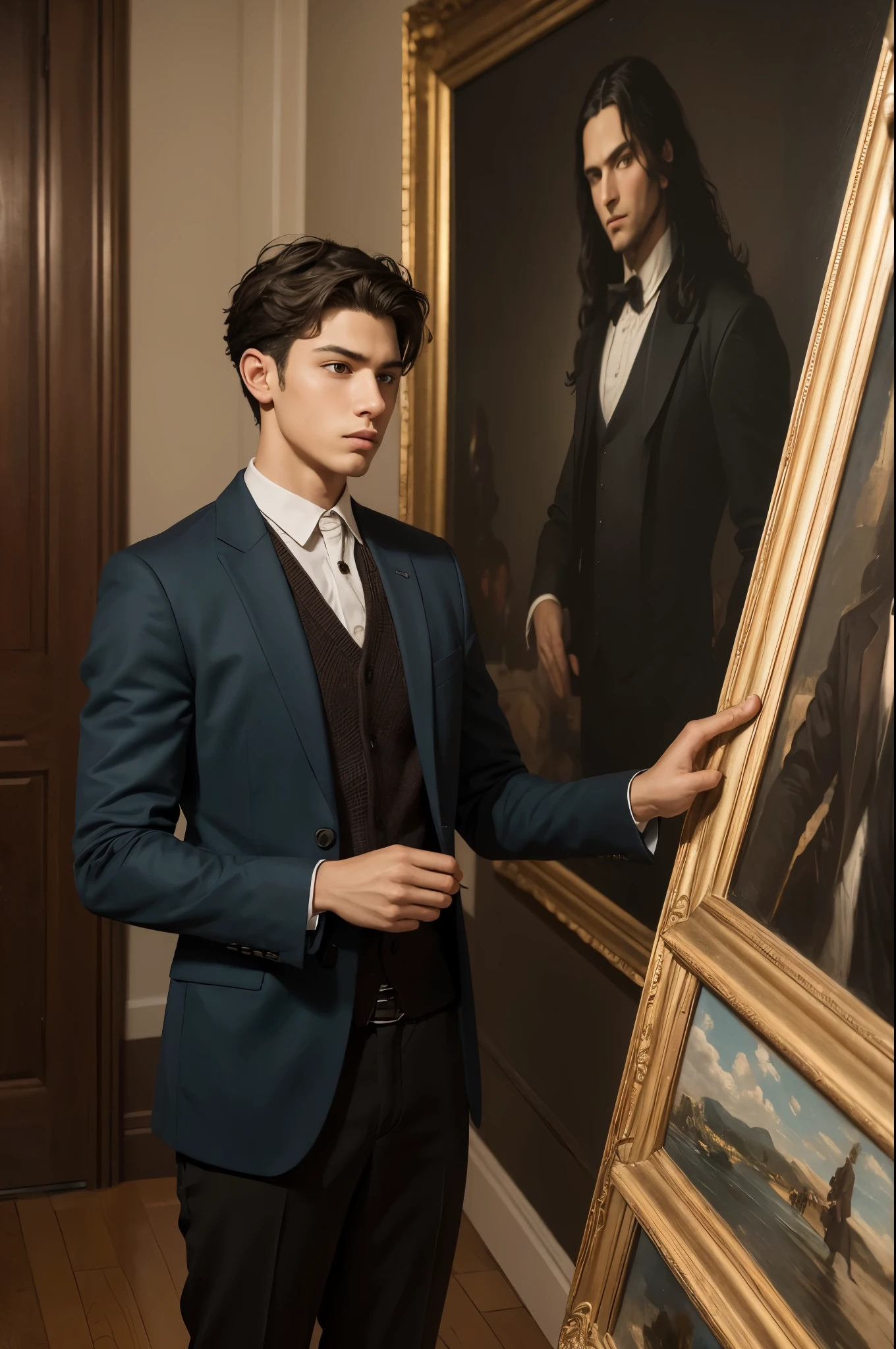 A young man the room looking at a painting with rhe image of a man
