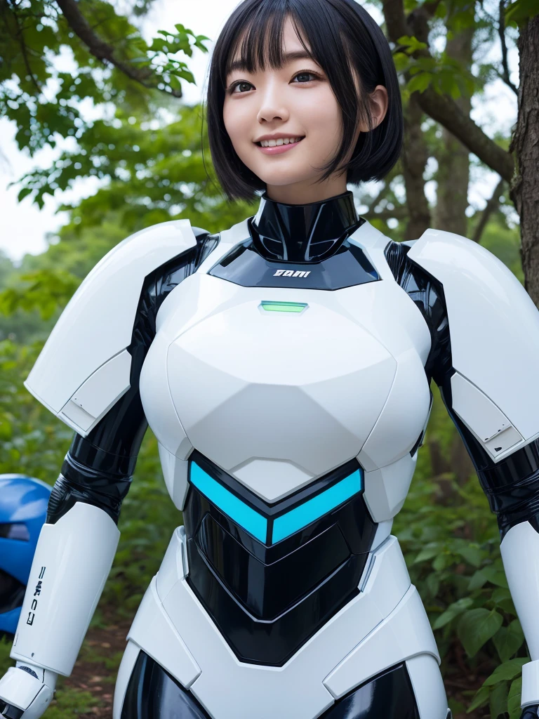 Japanese female android,Black Hair,White and blue robot suit,Plump,Looking up at the fresh green forest,Close-up,smile