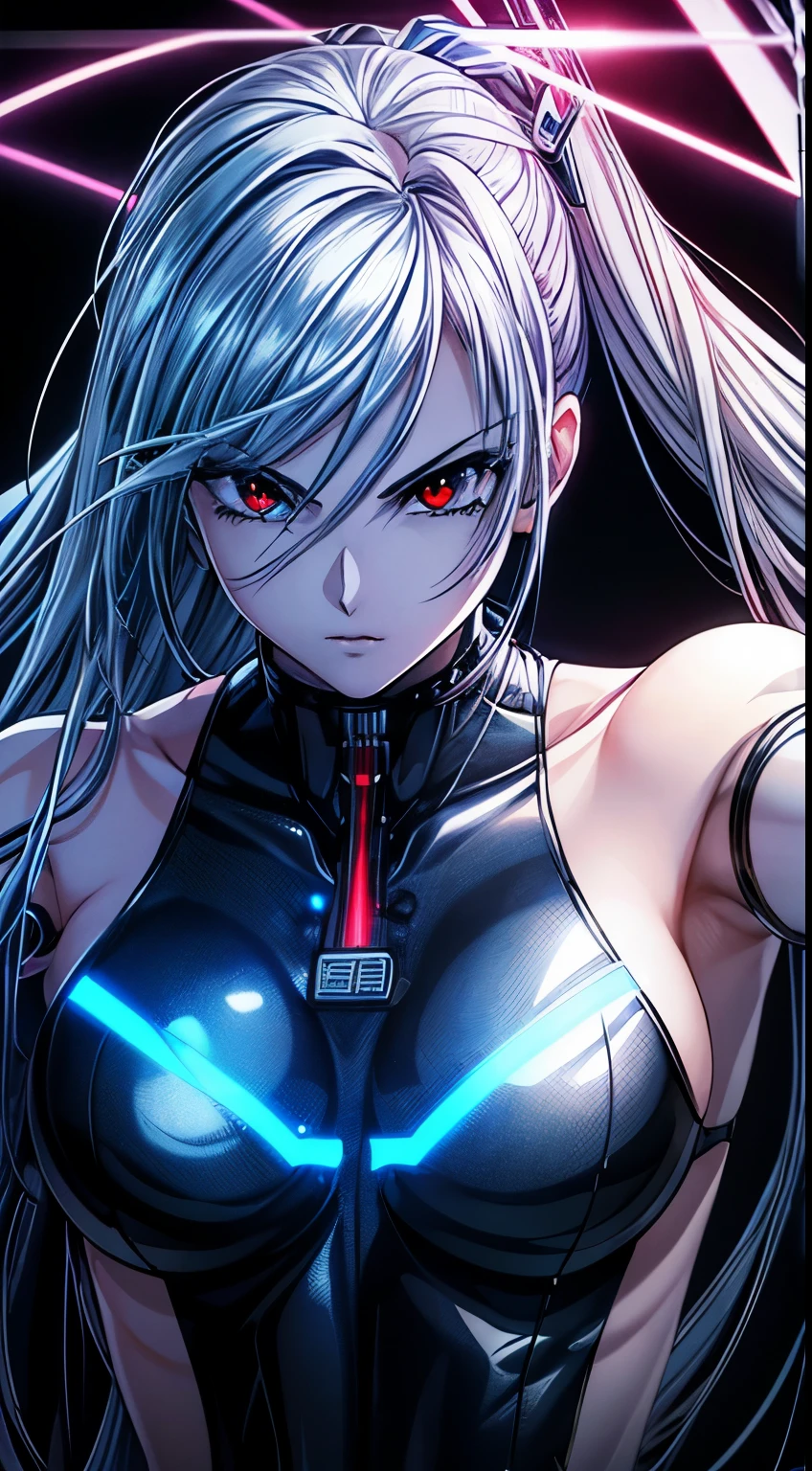 top-quality、masterpiece、超A high resolution、(Photorealsitic:1.4)、女の子1人、Light blue hair、Straight hair, shiny and clean hair、White shiny skin、Sexy Cyberpunk Girl、((super realistic details))、Shadow、octan render、ultrasharp、hyperdetailed face、Fiberglass、Luminous tube、highly intricate detail、Realistic light、CGSoation Trends、(red eyes with slit pupils)、(Facing the camera)、neon details、Mechanical limbs、Mechanical vertebrae attached to the back、mechanical cervical attaching to neck、Wires and cables connecting to the head、((valkyrie))、((Beam Cannon))、Combat stance、((seductive pose:1.2))、