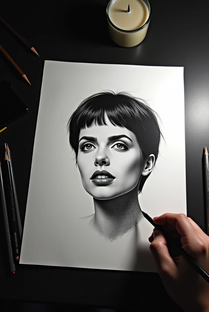 See hand black IS drawing on a paper a portait of woman face with short hyper Realistic not finish ,in black and with on a paper white A3; the drawing IS on a desktop black with light of desktop.