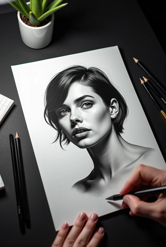 See hand black IS drawing on a paper a portait of woman face with short hyper Realistic not finish ,in black and with on a paper white A3; the drawing IS on a desktop black with light of desktop.
