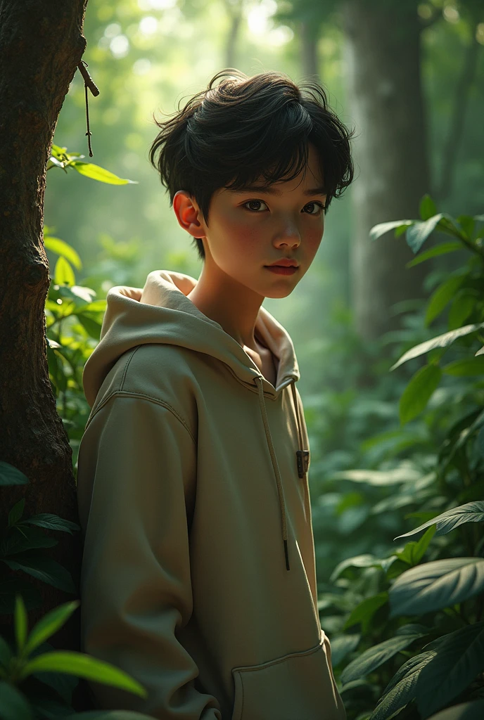 A 20 years slim boy with Jungle background and he dressed a hoodie potrait