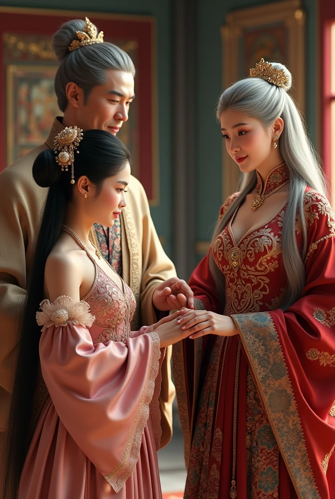 A 15 year old CHINESE girl wearing a ROCOCO style dress next to her is a woman (4 ) standing on the left wearing Regal style and a man standing on the right ( 50 years old ) dress in REGAL style . girl's hand is on woman's hand.
