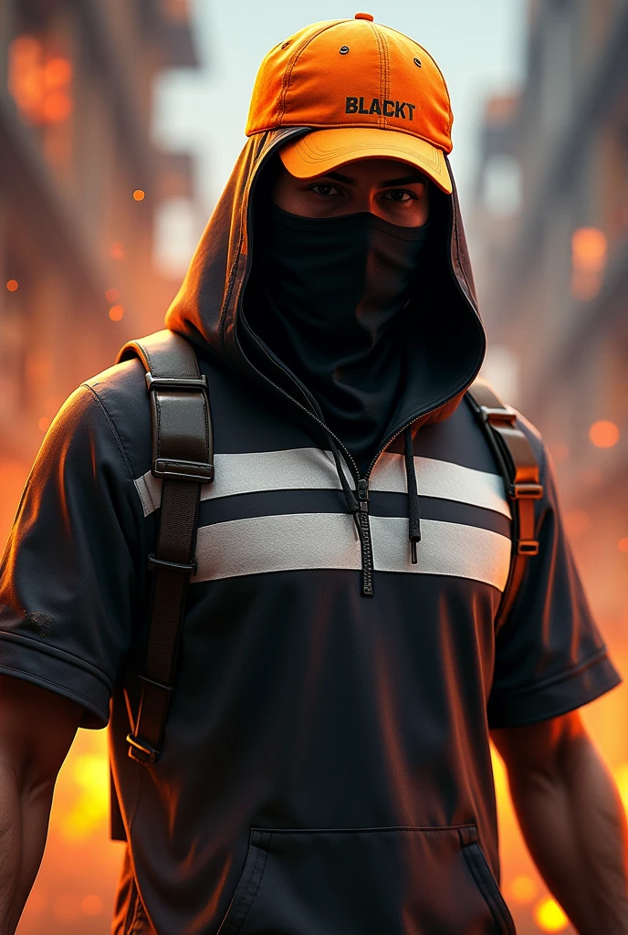 Orange cap, black mask, black shirt with white stripes, free fire style