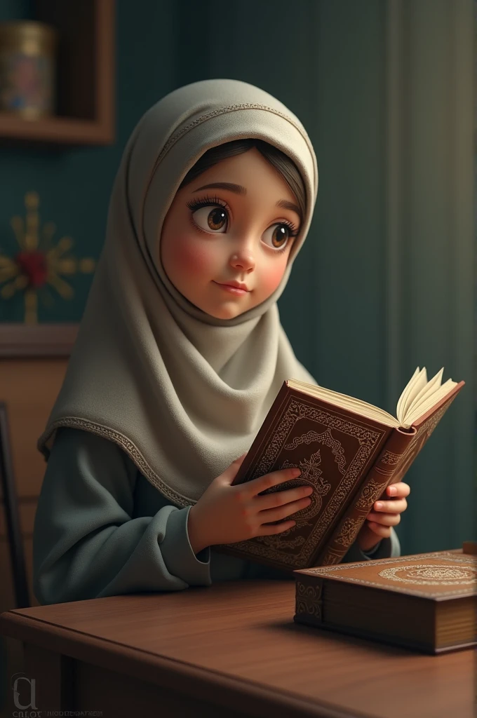 A girl holding with quran with a box for writing