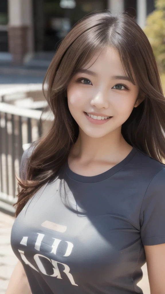 8k,Highest quality,(masterpiece:1.2),(Realistic),(Realistic:1.37),Ultra-high resolution,1 female college student,smile,Beautiful Eyes,Beautiful teeth alignment, In town,(((T-Shirts))),Big Breasts,Perfect body,Perfect Fingers,Professional Lighting,gravure,Detailed face and skin texture,fine grain,RAW Photos