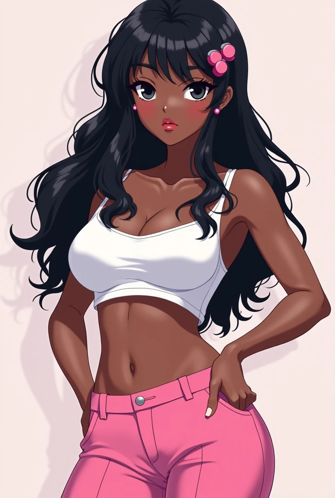Adult woman, black skin, black wavy hair, black eyes, white crop top, pink low waist of pants, pink cufflinks in hair, small , anime style