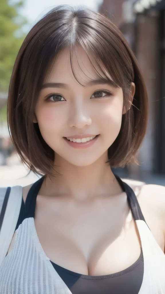 8k,Highest quality,(masterpiece:1.2),(Realistic),(Realistic:1.37),Ultra-high resolution,1 female college student,smile,Beautiful Eyes,Beautiful teeth alignment, In town,(((T-Shirts))),Big Breasts,Perfect body,Perfect Fingers,Professional Lighting,gravure,Detailed face and skin texture,fine grain,RAW Photos