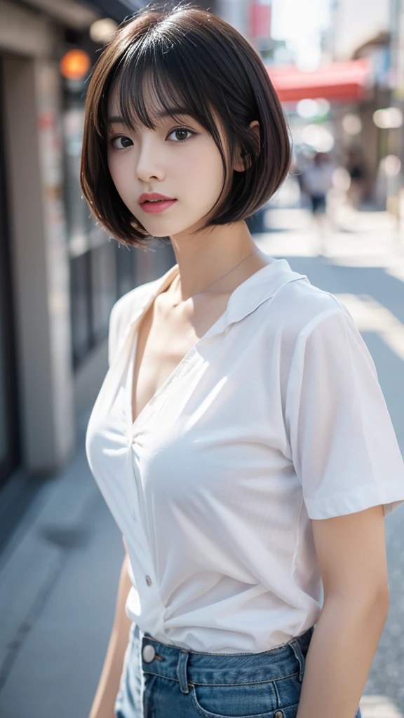high resolution、Japanese women、Beauty、cute、(Blue bob cut hairstyle:1.5)、Small face、Beautiful skin、Large breasts、Reality Stick、Rei Ayanami、White shirt、A shirt that is closed at the front、Sexy look、