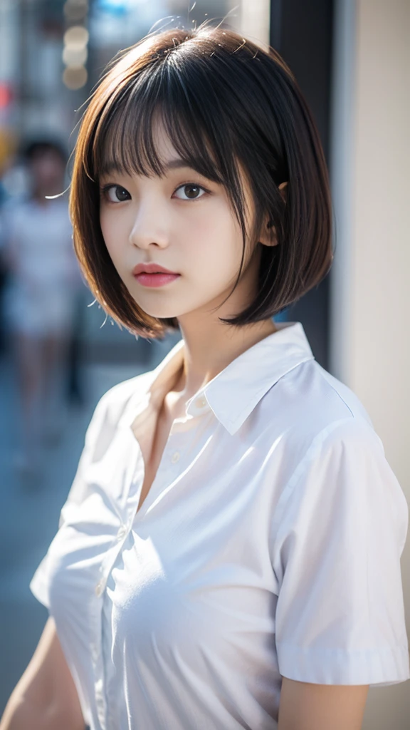 high resolution、Japanese women、Beauty、cute、（Blue bob cut hairstyle:1.5）、Small face、Beautiful skin、Large breasts、Reality Stick、Rei Ayanami、White shirt、A shirt that is closed at the front、Sexy look、