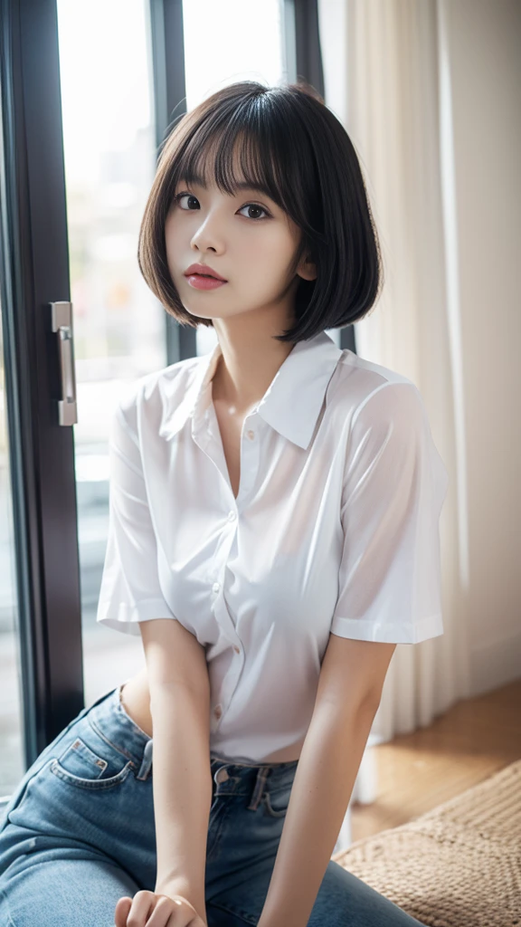 high resolution、Japanese women、Beauty、cute、（Blue bob cut hairstyle:1.5）、Small face、Beautiful skin、Large breasts、Reality Stick、Rei Ayanami、White shirt、A shirt that is closed at the front、Sexy look、