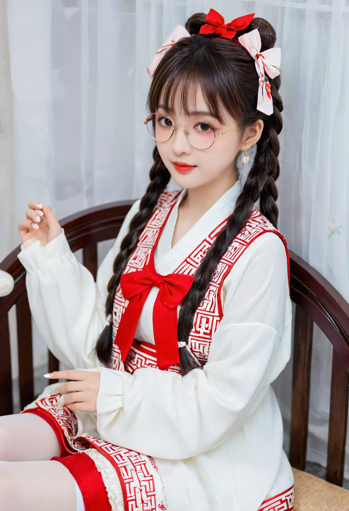 Zhezhi, twintails, glasses, hair ribbon, chinese clothes, white pantyhose,
