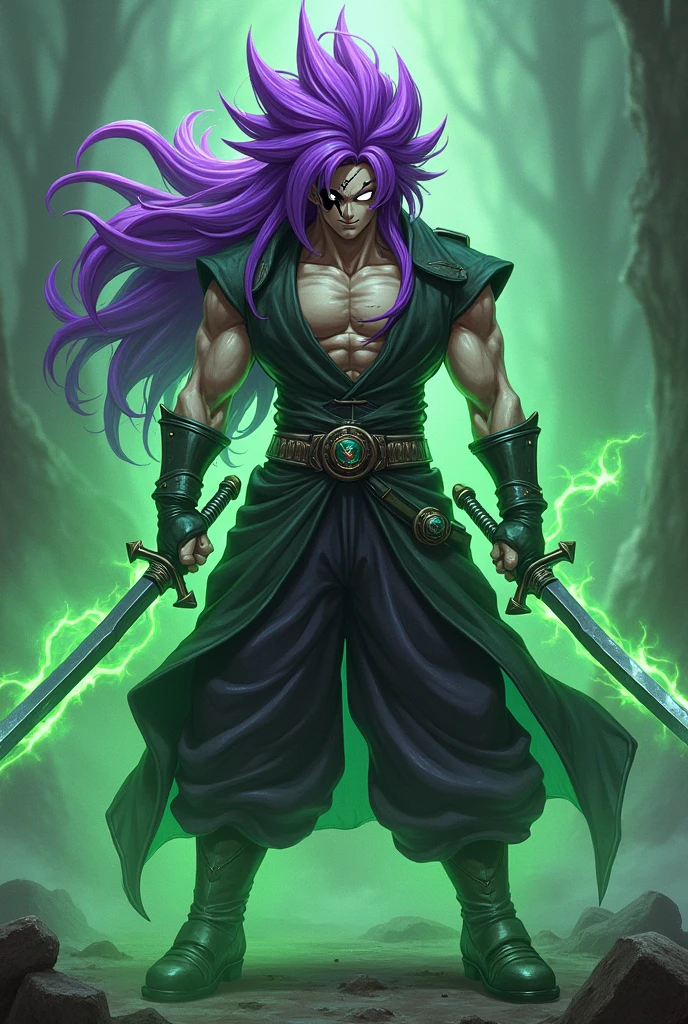 A character similar to Broly super Saiajyn but with purple hair and knee-length, completely white eyes holding two swords and a scar on his eye and a green light coming out around him, Long hair up to the knee 