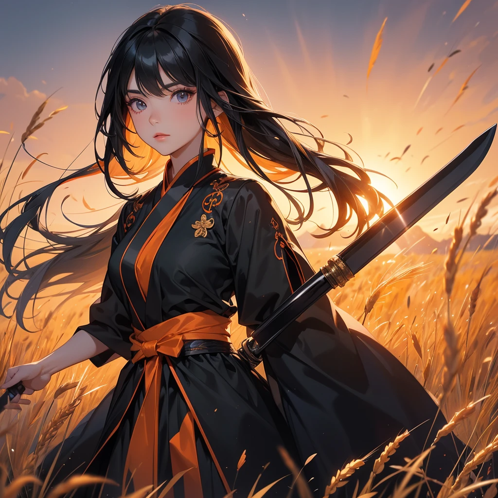 beautiful woman black-haired male general holding a large sword in black-orange hanfu dress, Standing in the middle of wheat field, sunset, close up.