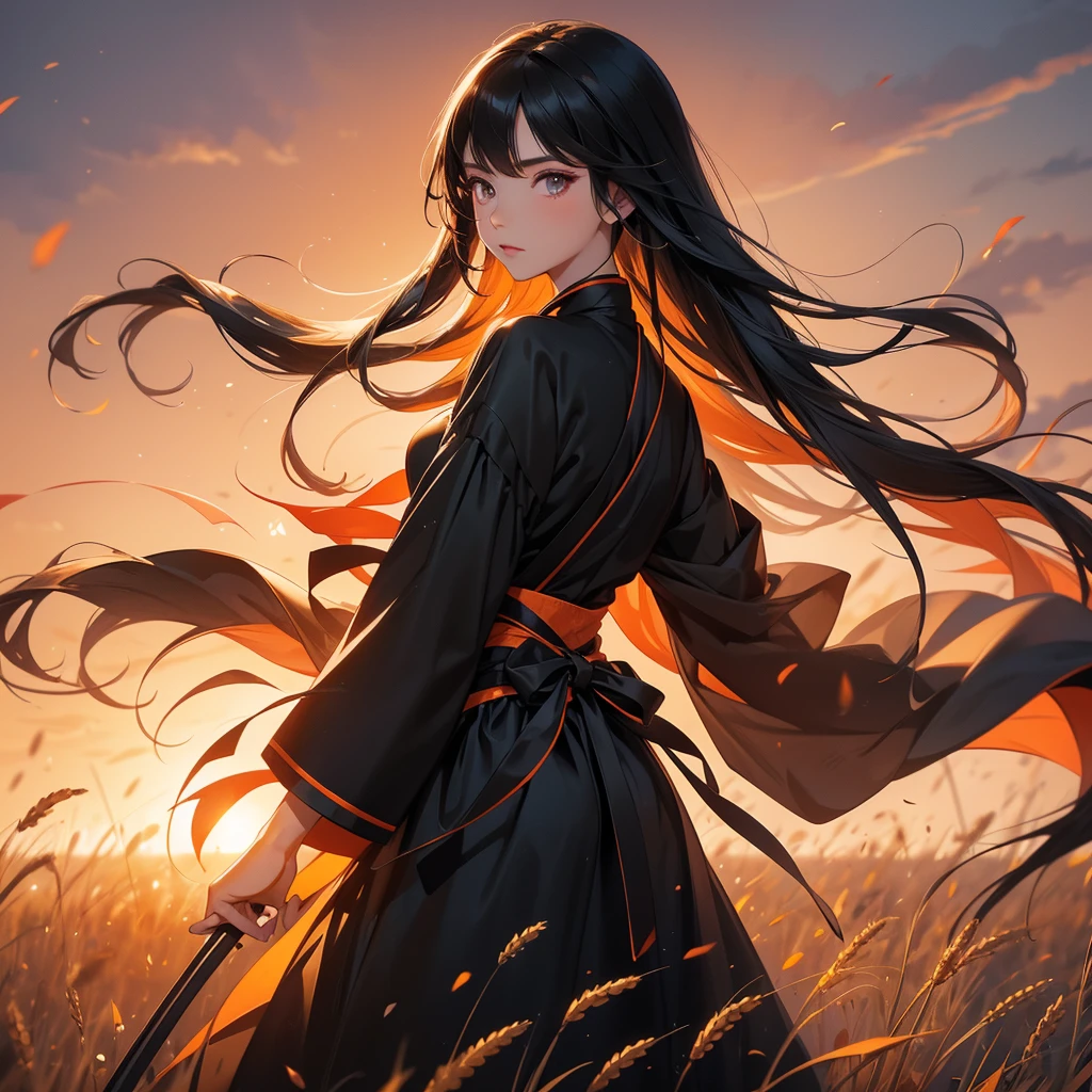 beautiful woman black-haired male general holding a large sword in black-orange hanfu dress, Standing in the middle of wheat field, sunset, close up.