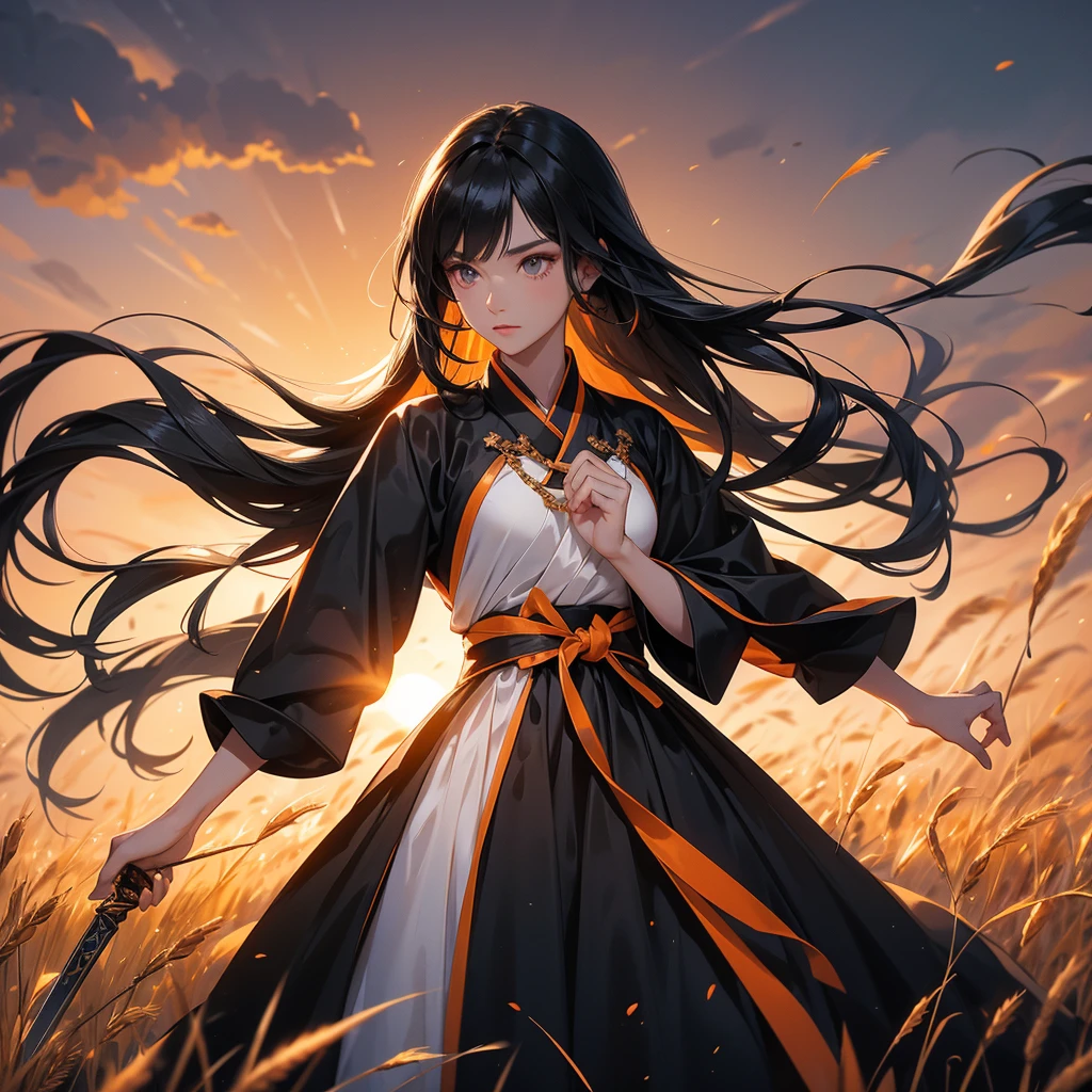 beautiful woman black-haired male general holding a large sword in black-orange hanfu dress, Standing in the middle of wheat field, sunset, close up.