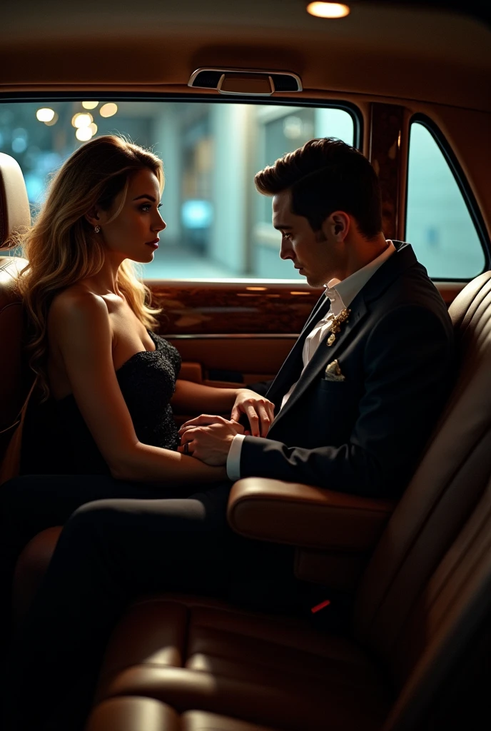 Inside the opulent, luxurious interior of a Rolls-Royce Phantom, Lady Vivienne Hawthorne, a stunning and sophisticated 40-year-old billionaire, sits gracefully beside Alex Tanaka, the young 1 intern. The backseat is spacious, upholstered in the finest leather, with deep, rich tones that exude luxury. The soft glow of ambient lighting highlights the polished wood accents and the meticulously crafted details of the vehicle's interior.
Vivienne, dressed in an elegant, form-fitting designer dress, exudes confidence and control. Her long, dark blonde hair falls perfectly over her shoulders, and her striking blue eyes are focused intently on Alex, who sits next to her, visibly captivated by her presence. Vivienne’s hand lightly rests on Alex’s thigh, a subtle yet powerful gesture that conveys both possession and seduction.
Alex, dressed in a sharp, tailored suit, sits slightly tense, his gaze shifting between Vivienne and the luxurious surroundings. His expression is a mix of awe and nervous anticipation, as he feels the weight of Vivienne’s attention. The atmosphere inside the car is thick with tension, the quiet hum of the engine only adding to the intimate and charged moment they share.
Outside the tinted windows, the city lights blur as the car glides smoothly through the night, but inside, all focus is on the connection between Vivienne and Alex. The scene captures the stark contrast between Vivienne’s commanding, experienced presence and Alex’s youthful uncertainty, creating a moment filled with unspoken promises and the allure of the unknown. Highly detailed, soft lighting, intimate and luxurious mood, 8K.