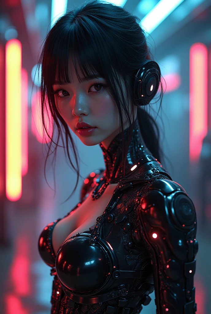 ((Amazing realistic photography  incredible detailed girl  the ghost in the shell)) Stunning unbeatable, intricate, extremely detailed,((( Excessive realistic biomech textures,))) ((photo masterpiece superior quality, photo award winner)), (((12k, stunning dramatic neon lights))), atmospheric view, realistic muted colors, ((stunning color neon lights)) ,  (((realistic style, ((kitsch)) style )))