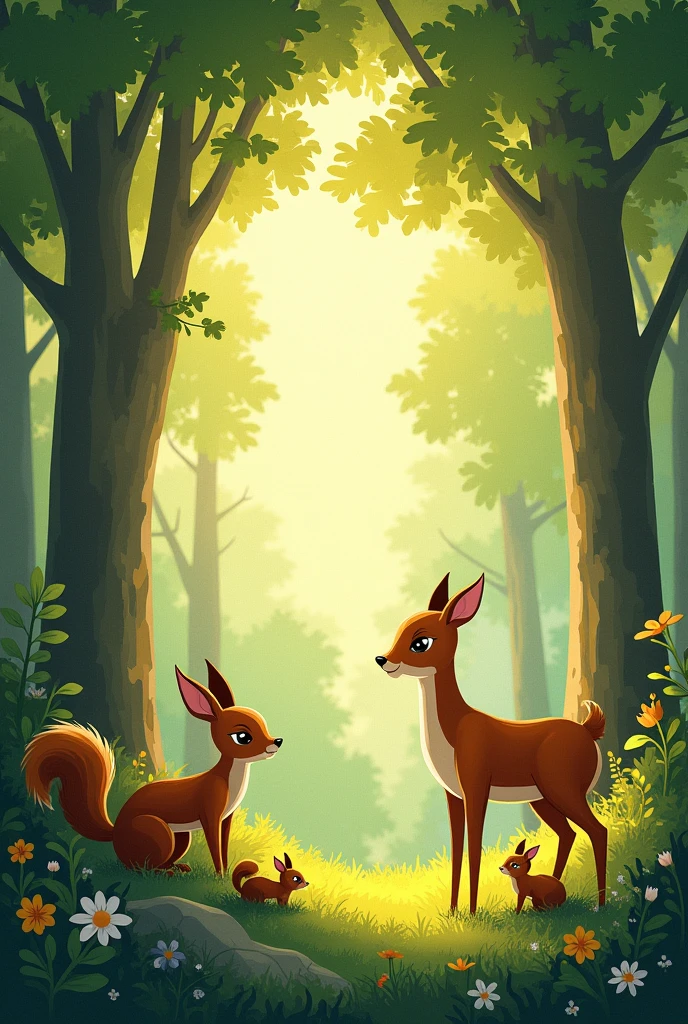 Create a fairytale setting inspired by the Snow White fairy tale, like a drawing style similar to the classic Snow White movie, the scene could be a forest, without snow white