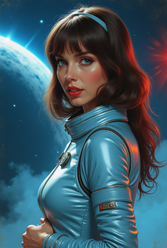 High-quality realistic acrylic art, VIVID COLORS, back point a view, a beautiful vintage european woman with brown straight hair, bangs, looking at the viewer with suspicious face and a shy smile, red lips, she wears sci-fi light blue metalic space suit, hands in the waist, dramatic blue red lights, in deep space with a partial planet in orbit