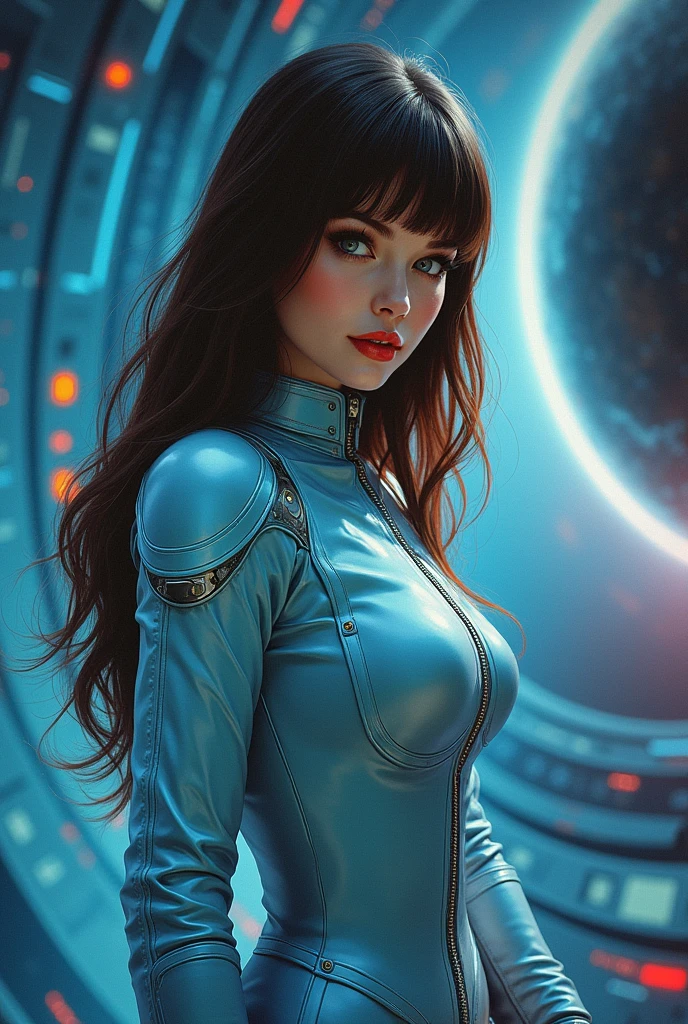 High-quality realistic acrylic art, VIVID COLORS, back point a view, a beautiful vintage european woman with brown straight hair, bangs, looking at the viewer with suspicious face and a shy smile, red lips, she wears sci-fi light blue metalic space suit, hands in the waist, dramatic blue red lights, in deep space with a partial planet in orbit