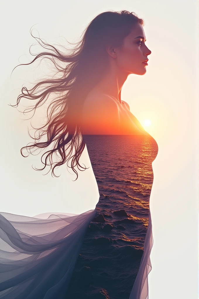 high quality, 8K Ultra HD, A beautiful double exposure that combines an goddess silhouette with sunset coast, sunset coast should serve as the underlying backdrop, with its details incorporated into the goddess , crisp lines, The background is monochrome, sharp focus, double exposure, by yukisakura, awesome full color,