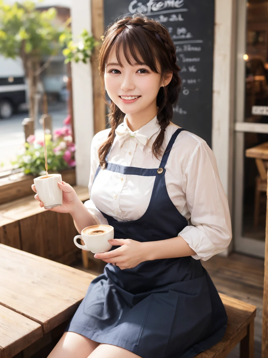 1 girl、(RAW Photos、Highest quality)、(Real、フォトReal:1.4)、Tabletop、Very delicate and beautiful、Very detailed、2k wallpaper、wonderful、Detailed、Very detailedCG Unity 8k壁紙、Super detailed、2、High resolution、(Green waitress outfit)、Long skirt、Frills、ribbon、Soft Light、Beautiful detailed girl、Cafeのウエイトレス、Medium Hair、Braided Hair、Very detailed目と顔、smile、Happy Face、Cafe、coffee shop、Latte Art