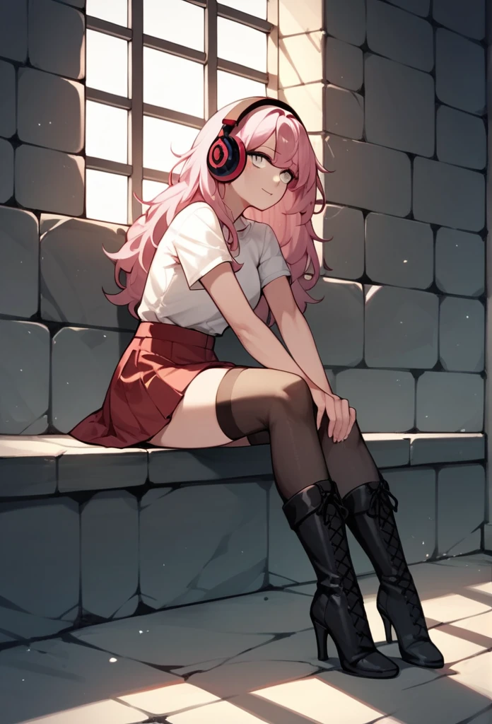 check_9, check_8_up, check_7_up, check_6_up, check_5_up, check_4_up, source_anime, 1 woman, sit, pink hair, long hair, white eyes, dirty hair, White shirt, red skirts, knee high boots, heels,  stockings, Pol, dungeon, headphones, Best quality, better resolution, 4K, uhd,
 