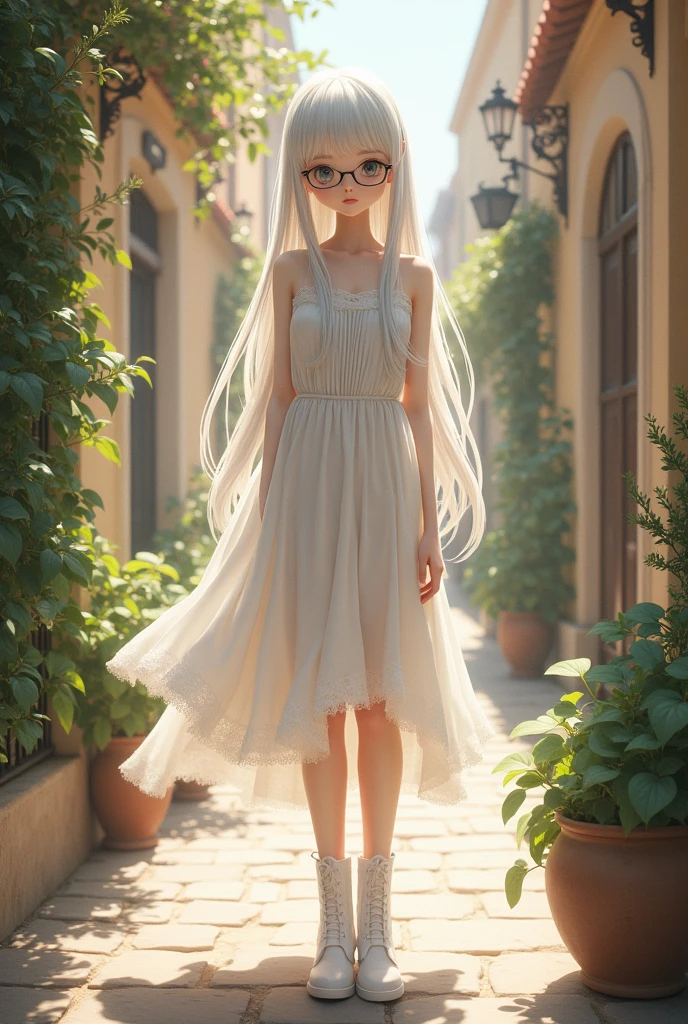 Girl with long straight white hair, bangs, glasses, gray eyes, white dress, white boots on the streets of Valencia
