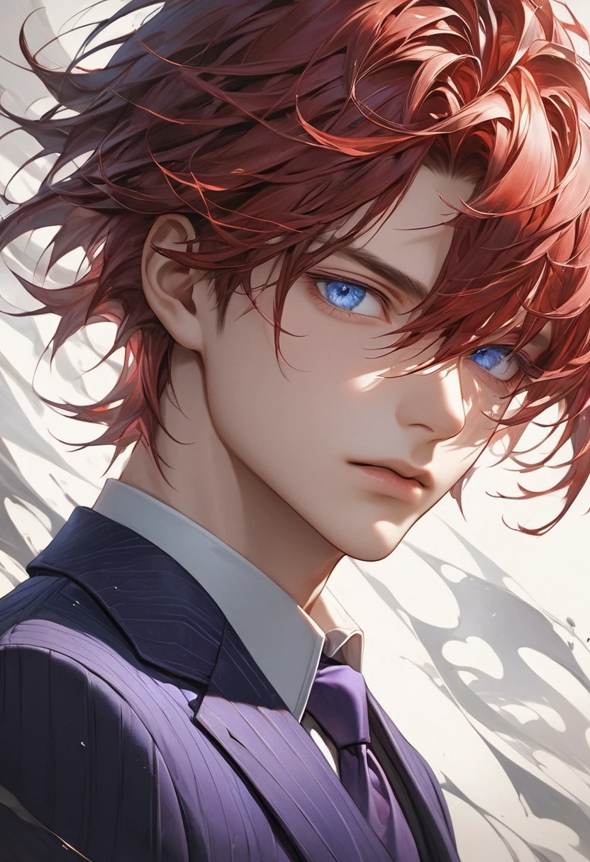 The image is a highly detailed, ultrarealistic anime-style portrait of a young man with an intense and enigmatic appearance. He has shoulder-length, layered, and textured red hair that frames his face with an almost windswept look. His striking blue eyes are sharp and captivating, adding to his mysterious aura. He is dressed in a sophisticated suit that features subtle yet elegant detailing, now rendered in a rich tone of purple with gentle hues and shadows that enhance the depth of the fabric. The suit is complemented by a neutral-colored tie that blends seamlessly with the overall ensemble.
The background is dark, providing a stark contrast that draws attention to the young man and accentuates the dramatic lighting, which carefully illuminates the contours of his face and attire. The overall composition combines the meticulous detail typical of ultrarealism with the stylistic flair of anime, resulting in a captivating and visually striking portrait.