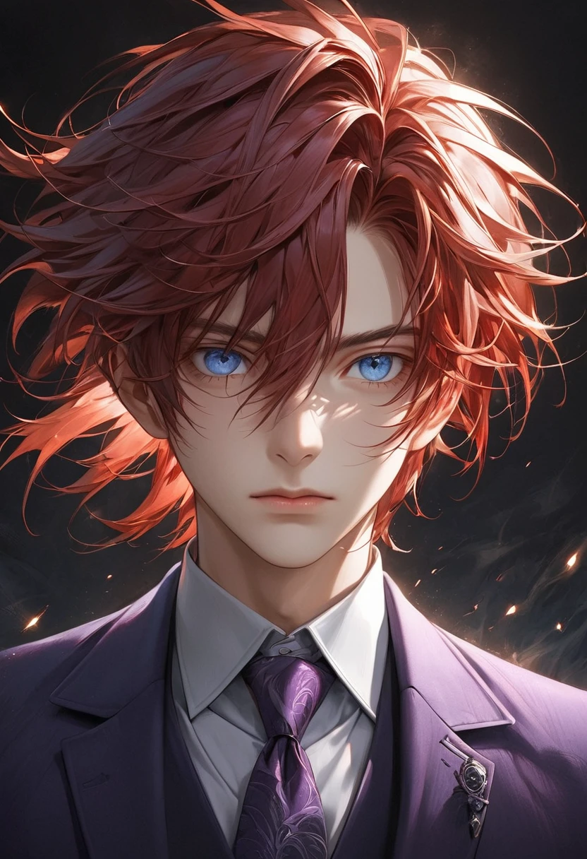 The image is a highly detailed, ultrarealistic anime-style portrait of a young man with an intense and enigmatic appearance. He has shoulder-length, layered, and textured red hair that frames his face with an almost windswept look. His striking blue eyes are sharp and captivating, adding to his mysterious aura. He is dressed in a sophisticated suit that features subtle yet elegant detailing, now rendered in a rich tone of purple with gentle hues and shadows that enhance the depth of the fabric. The suit is complemented by a neutral-colored tie that blends seamlessly with the overall ensemble.
The background is dark, providing a stark contrast that draws attention to the young man and accentuates the dramatic lighting, which carefully illuminates the contours of his face and attire. The overall composition combines the meticulous detail typical of ultrarealism with the stylistic flair of anime, resulting in a captivating and visually striking portrait.